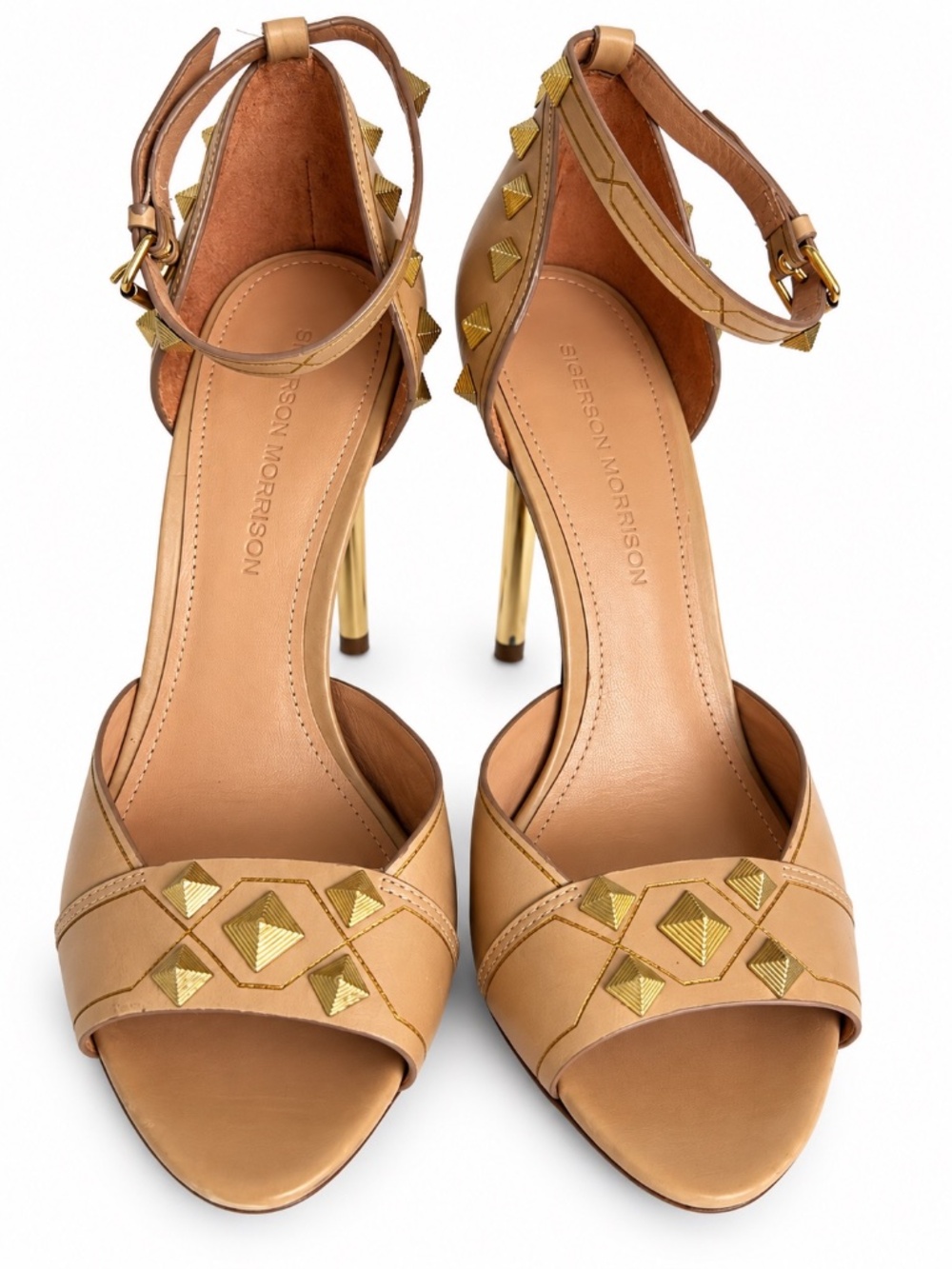 Sigerson Morrison Nude Leather Gold Studded Heels Sandals Size 7B